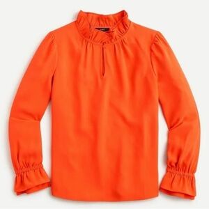 J Crew Bright Red Orange Ruffle Neck Blouse